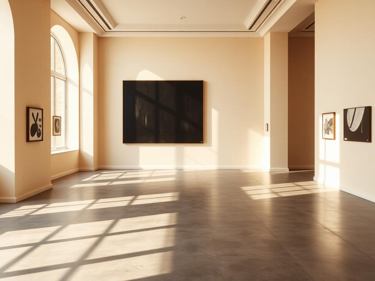 Sunlit contemporary gallery interior with a single dark canvas
