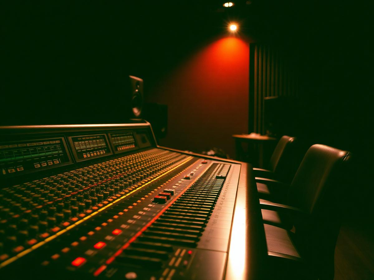 Analogue mixing console in a dimly lit recording studio