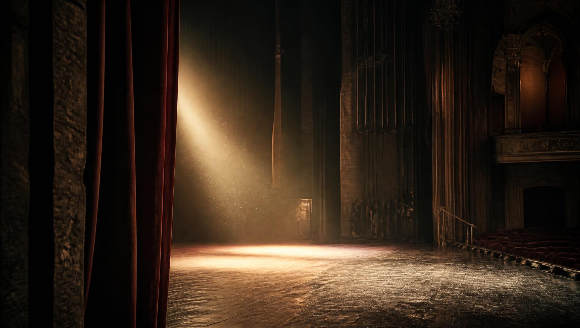 Empty theatre stage lit by a single cinematic shaft of light